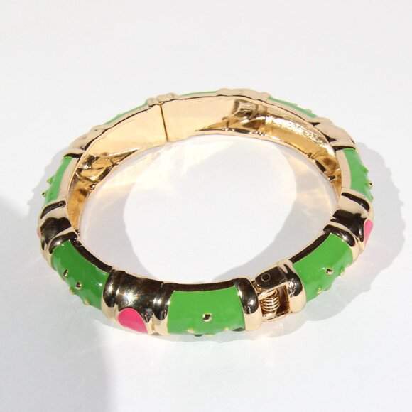 Vintage FORNASH Gold Tone w/ Green and Pink Enamel Bangle Bracelet 2.36" D - Picture 4 of 8